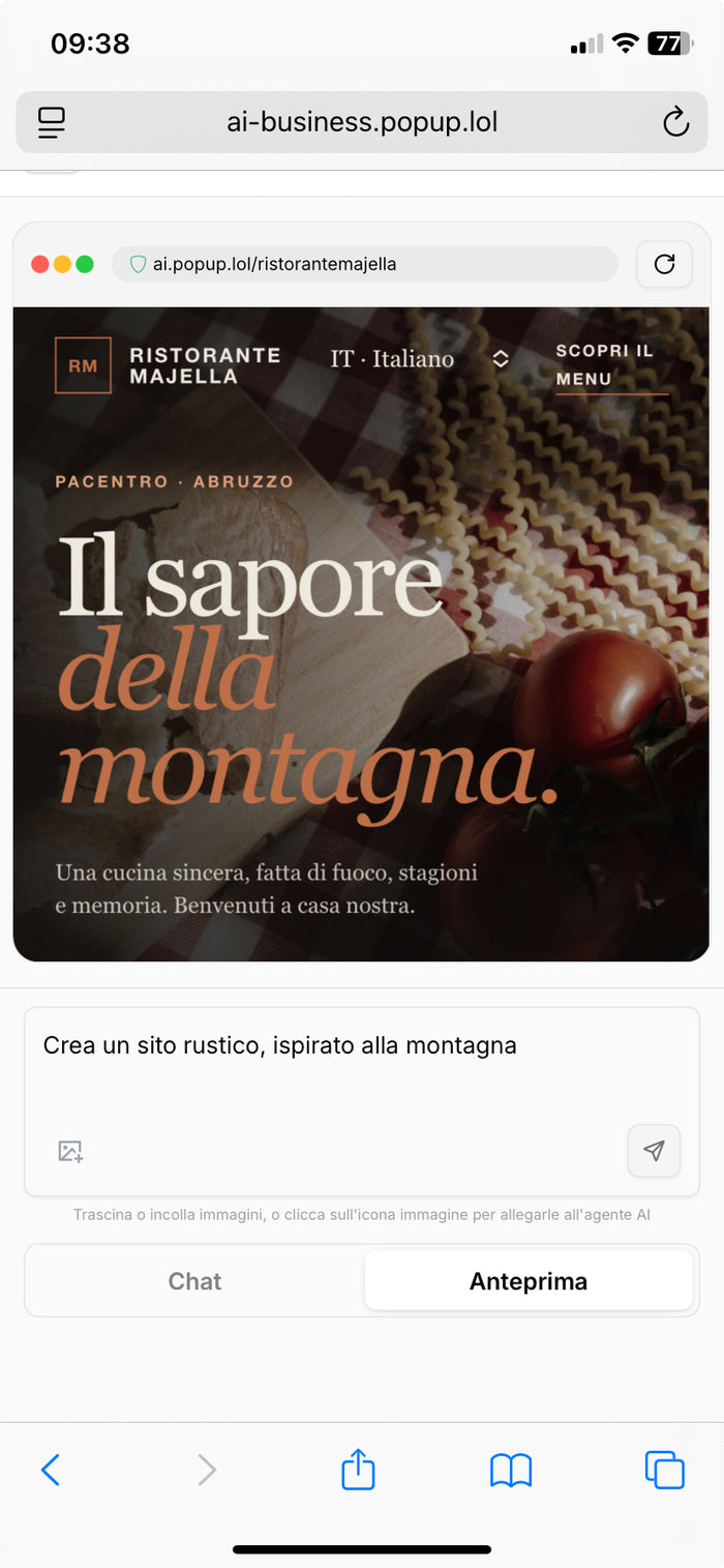 Chat di Popup AI su iPhone che crea il sito di un'attivita