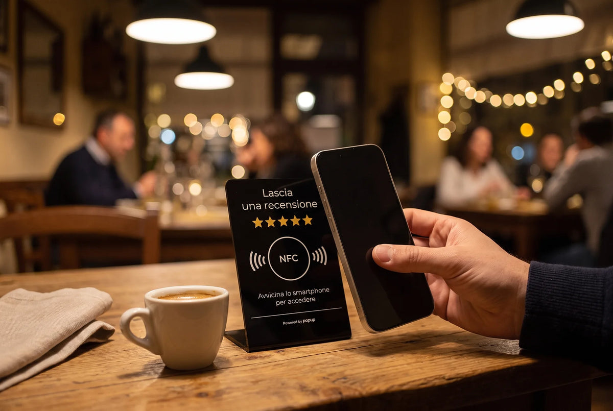 Cliente avvicina lo smartphone allo stand NFC Popup per lasciare una recensione Google al ristorante